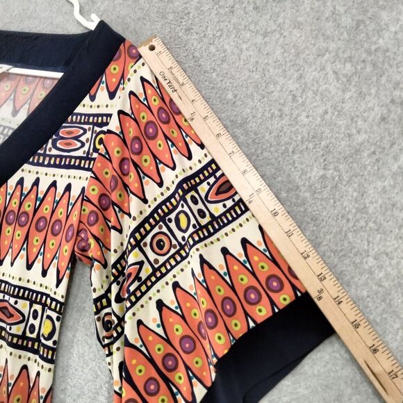Trina Turk Sheath Dress Womens Size 0 100% Silk Orange Blue Tribal Print Bell - Picture 5 of 12